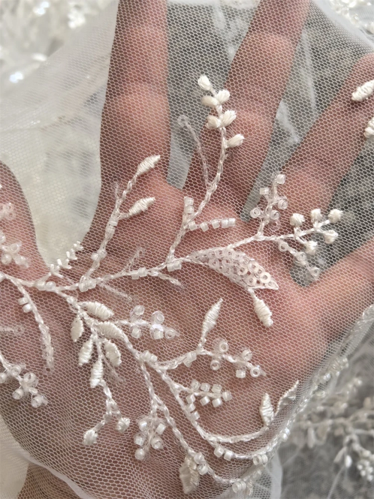 High End Light Luxury Design Handmade Embroidery Net Lace Ivory White Beads Sequins  High Quality Women Party Dress