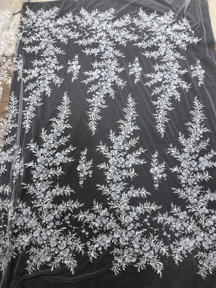 4Y Nigerian Fabric for Women, Top Fashion Design, Handmade Pure White Embroidery Beads, Net Lace, Sequins, Party Evening Dress