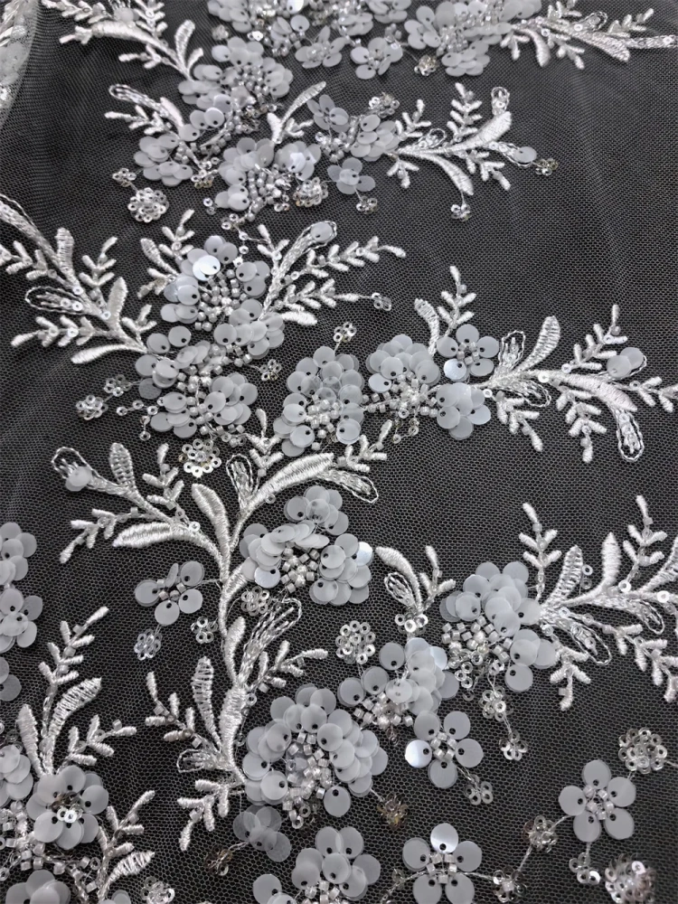 4Y Nigerian Fabric for Women, Top Fashion Design, Handmade Pure White Embroidery Beads, Net Lace, Sequins, Party Evening Dress
