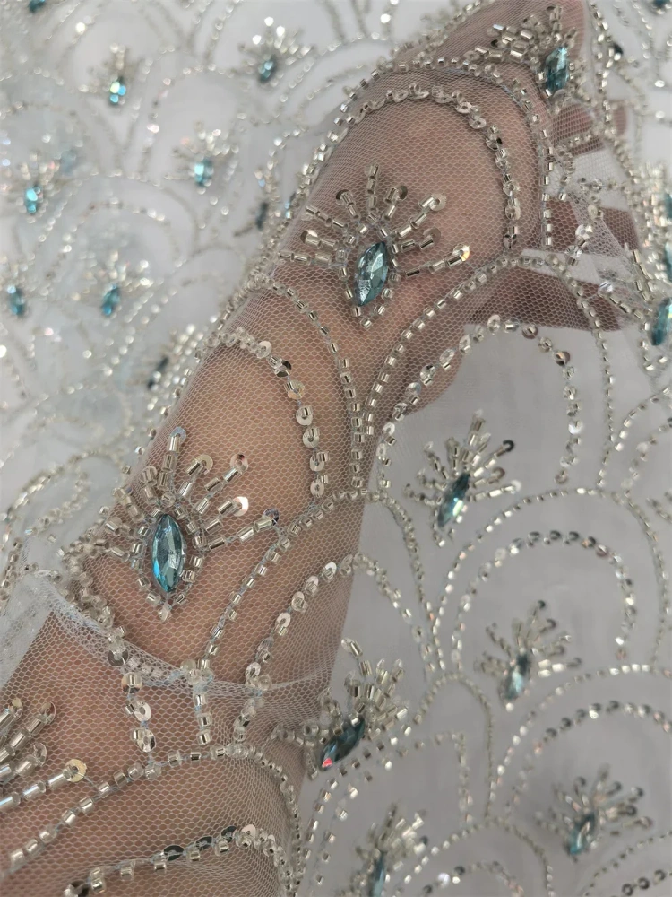 High-Quality Rhinestone Net Lace with Mermaid Scale Design Beads Sequins for Party Wedding Dresses Fashionable New Arrival