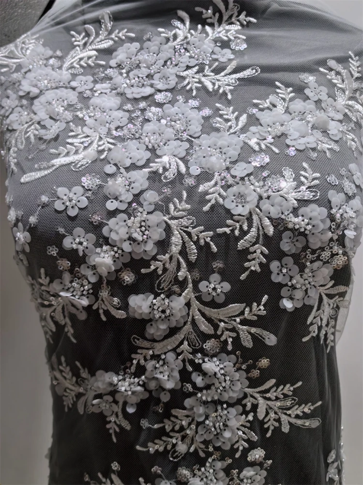 4Y Nigerian Fabric for Women, Top Fashion Design, Handmade Pure White Embroidery Beads, Net Lace, Sequins, Party Evening Dress