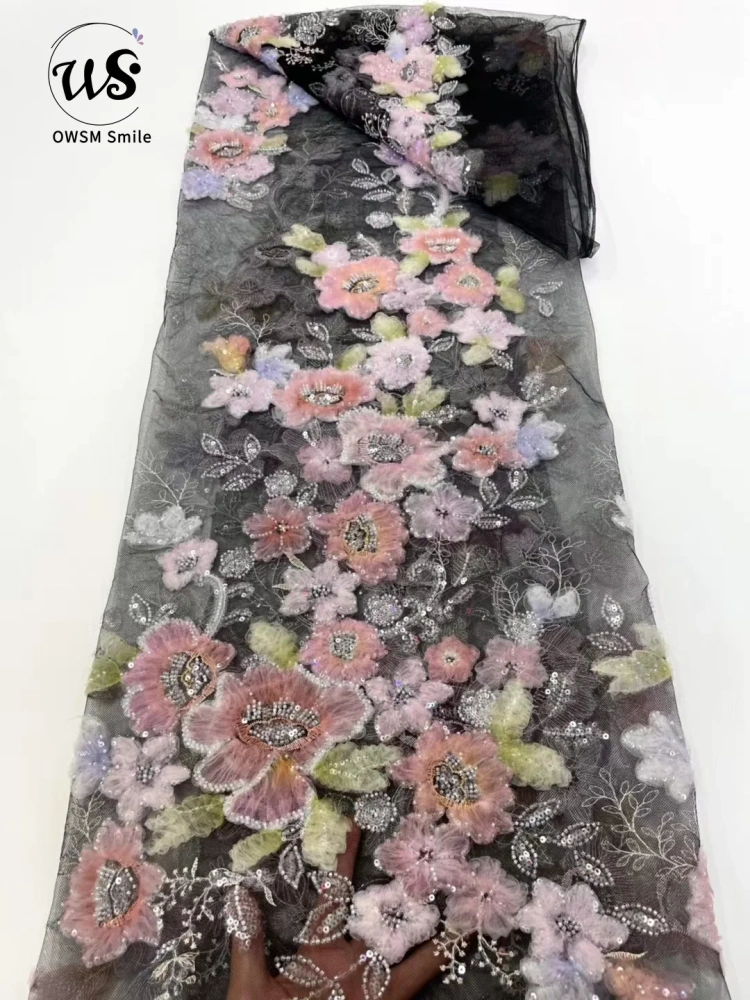 Super High Quality Fabric New  Design Handmade 3D Embroidery Beads Net Lace For Wedding Women Dress Pretty Popular Fringe