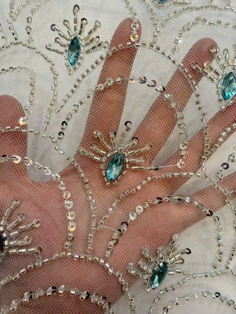 High-Quality Rhinestone Net Lace with Mermaid Scale Design Beads Sequins for Party Wedding Dresses Fashionable New Arrival