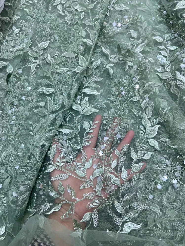 5Y French Popular Unique Design Embrordered Net Lace Beads Sequins Top Quality Fabric For Party Evening Dress