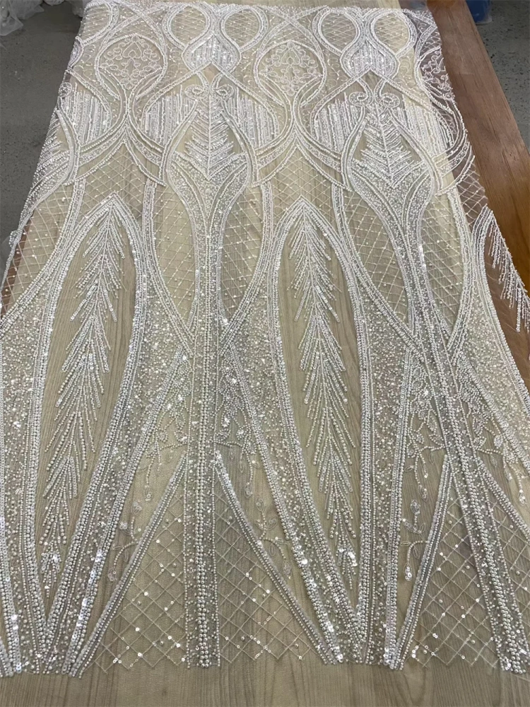 Ivory White Fashion Design Africa Top Quality Handmade Embroidery Beads Net Lace With Sequins For Party Evening Dresses
