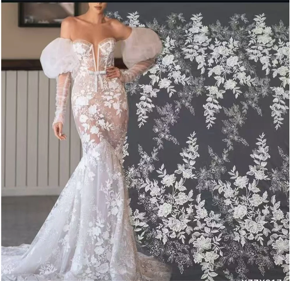 Hot Sale Unique Design Africa  Top Quality  Embroidery White Beads Net Lace Sequins   For Wedding or Party Dress