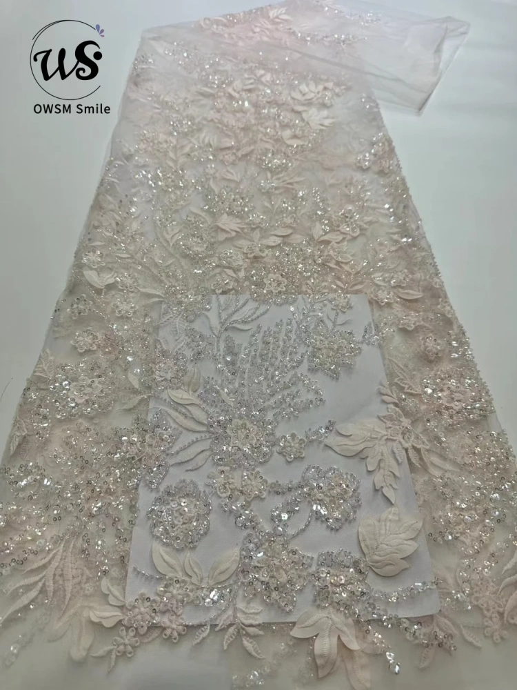 Beauty Exquisite Design Top Quality Handmade 3D Embroidery Beads Net Lace With Ivory Sequins  For Party Evening Dresses