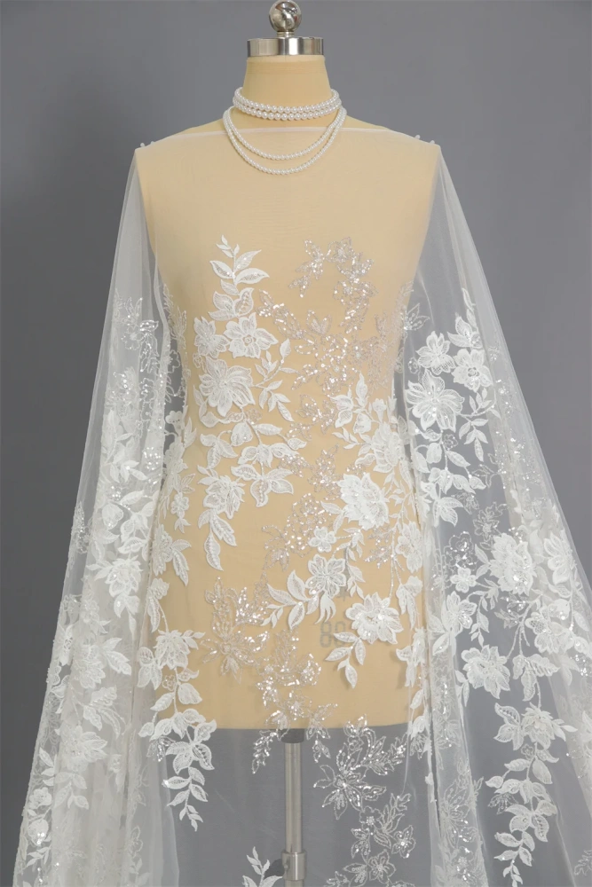 Hot Sale Unique Design Africa  Top Quality  Embroidery White Beads Net Lace Sequins   For Wedding or Party Dress