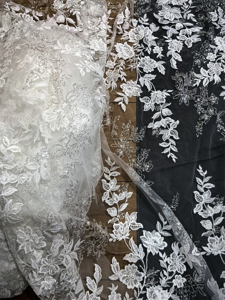Hot Sale Unique Design Africa  Top Quality  Embroidery White Beads Net Lace Sequins   For Wedding or Party Dress