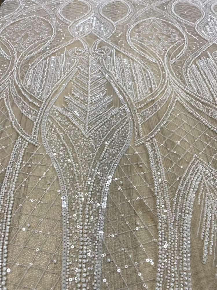 Ivory White Fashion Design Africa Top Quality Handmade Embroidery Beads Net Lace With Sequins For Party Evening Dresses