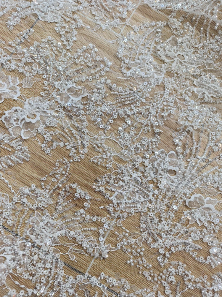 Super Pretty Fabric New  Design Handmade Ivory Beads Sequins Embroidery  Net Lace For Wedding Women Dress Pretty Popular Fringe