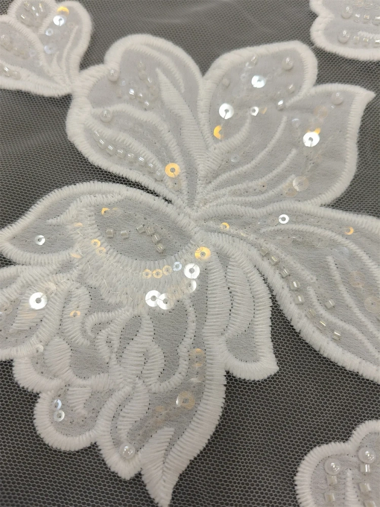 Fashion Design Hot On Sale FabricTop Quality Handmade White Embroidery Net Lace Beads Sequins For Party Evening Dresses