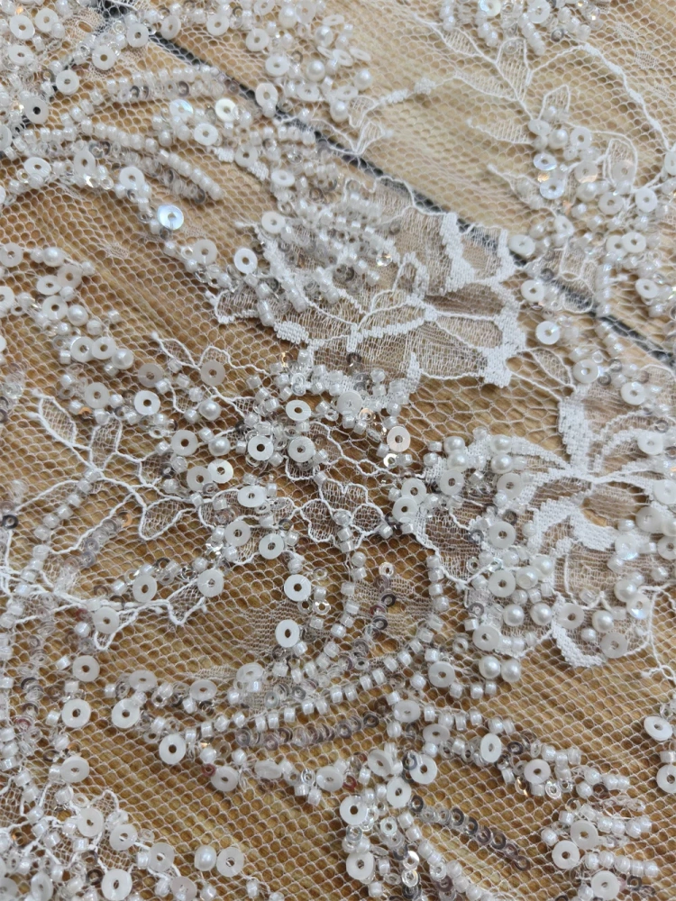 Super Pretty Fabric New  Design Handmade Ivory Beads Sequins Embroidery  Net Lace For Wedding Women Dress Pretty Popular Fringe