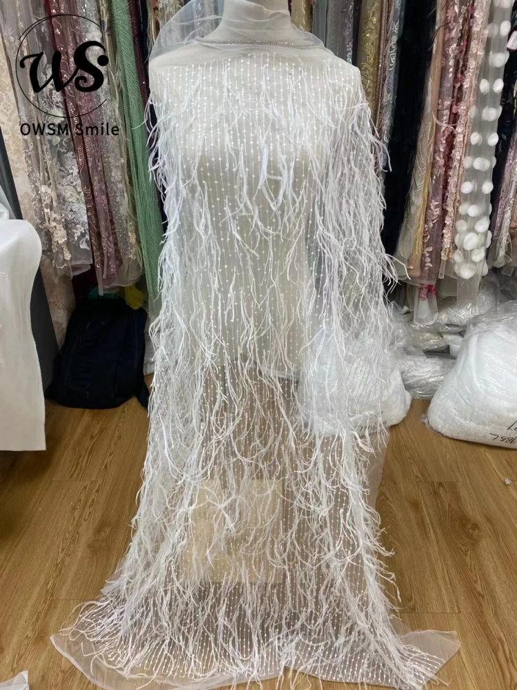 Hot Popular 2022 Top Quality Lace 5 Yards Handmade Advanced Embroidery Sequins Net Feather  For Party Evening Dresses