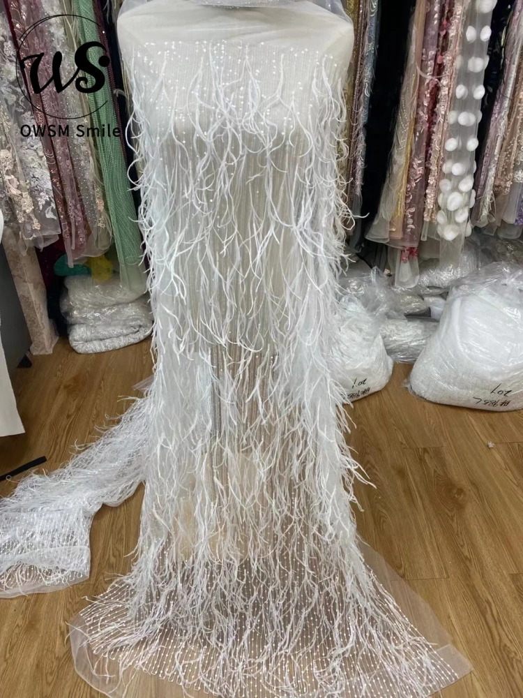 Hot Popular 2022 Top Quality Lace 5 Yards Handmade Advanced Embroidery Sequins Net Feather  For Party Evening Dresses