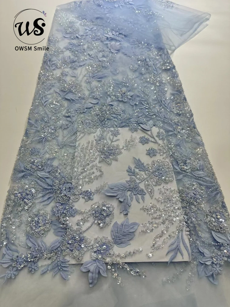 Beauty Exquisite Design Top Quality Handmade 3D Embroidery Beads Net Lace With Ivory Sequins  For Party Evening Dresses