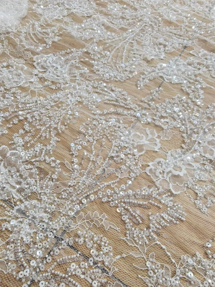 Super Pretty Fabric New  Design Handmade Ivory Beads Sequins Embroidery  Net Lace For Wedding Women Dress Pretty Popular Fringe