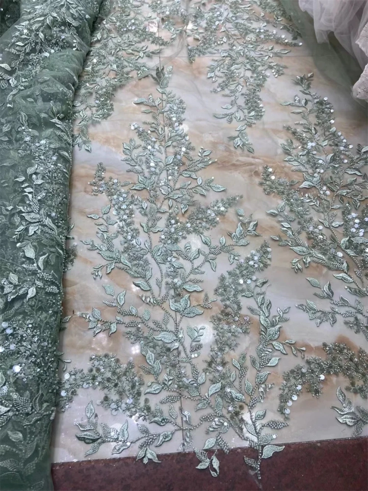 5Y French Popular Unique Design Embrordered Net Lace Beads Sequins Top Quality Fabric For Party Evening Dress