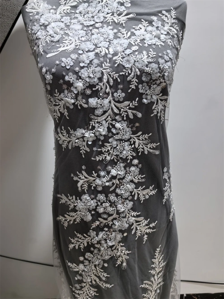 4Y Nigerian Fabric for Women, Top Fashion Design, Handmade Pure White Embroidery Beads, Net Lace, Sequins, Party Evening Dress
