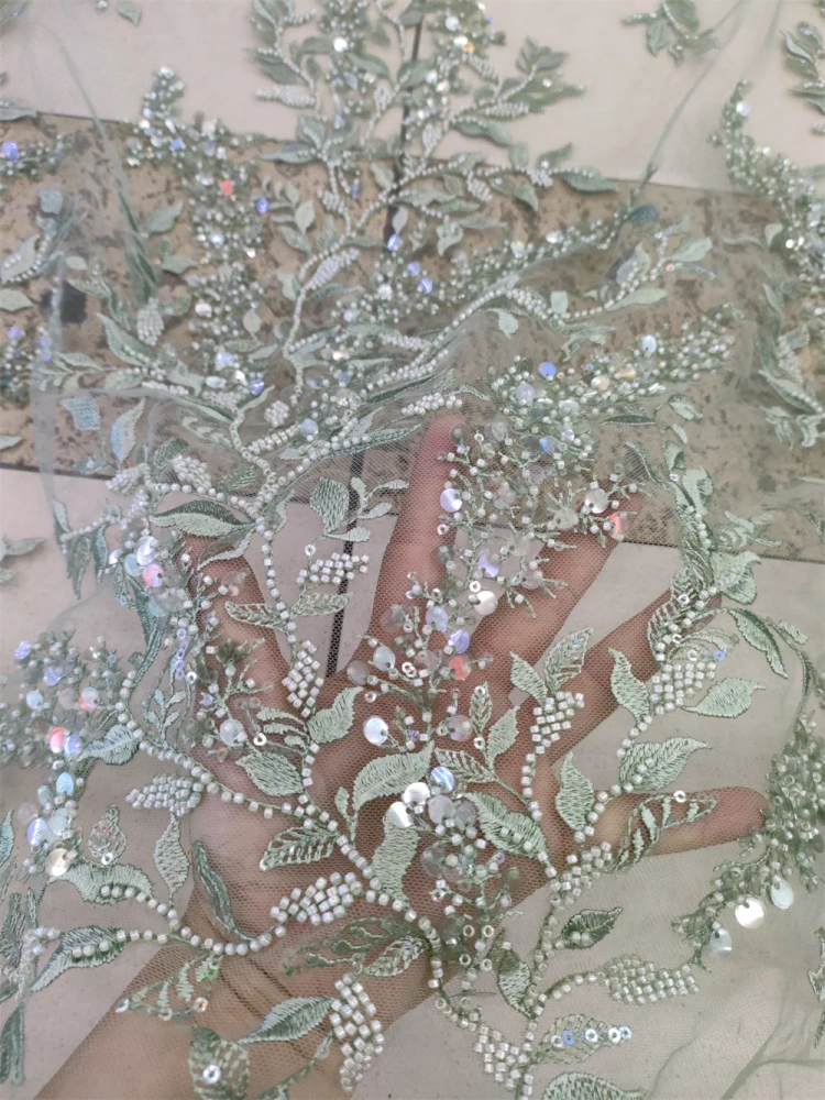 5Y French Popular Unique Design Embrordered Net Lace Beads Sequins Top Quality Fabric For Party Evening Dress