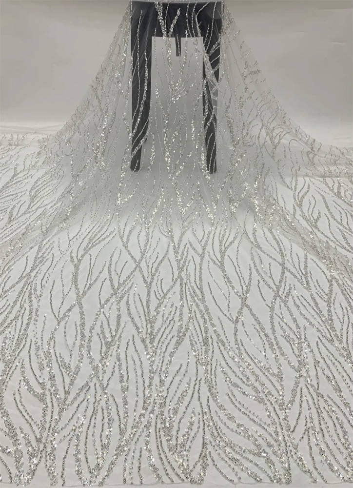 5Y Hot Sale French Popular Embrordered Net Lace With White Beaded Sequins  Fabric Lace With Sequins Party Evening Dress