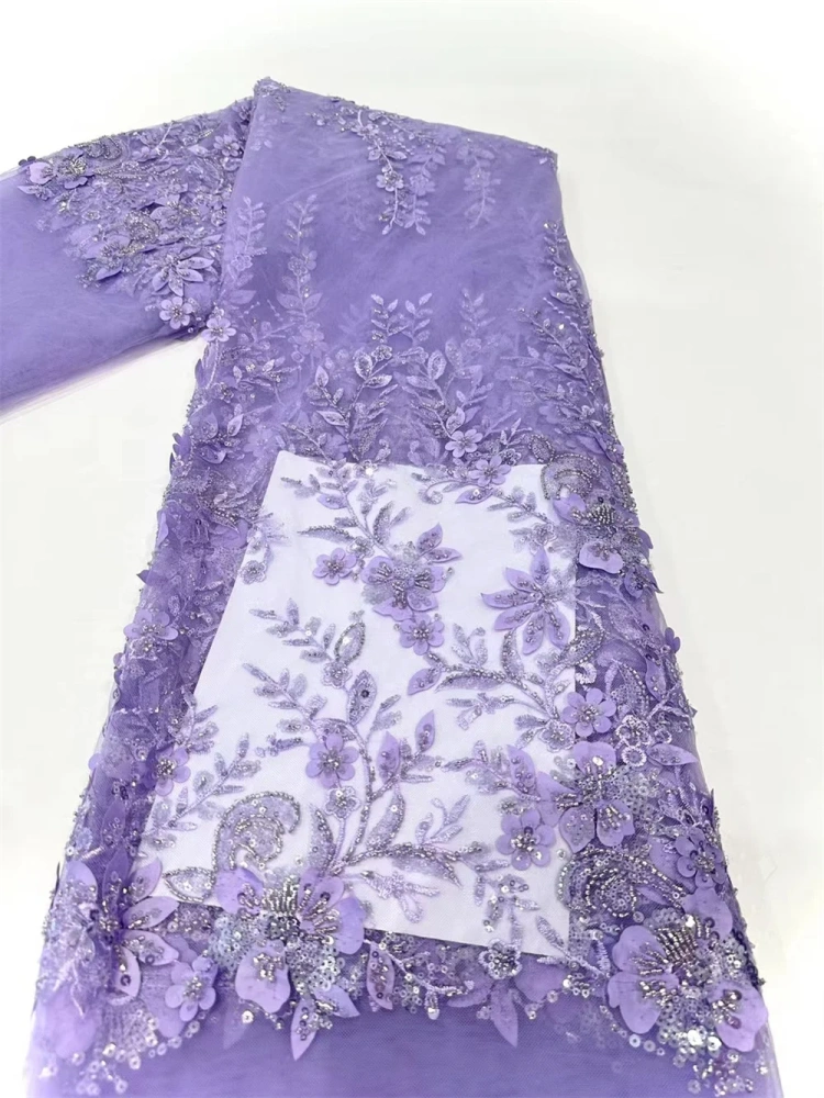 Handmade Embroidery Net Lace with Beads for Party Evening Dress, Purple Fashion, Exquisite Design