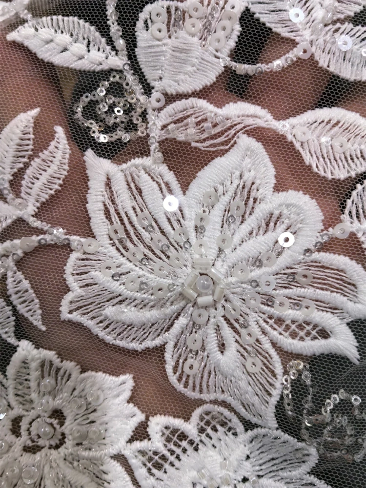 Hot Sale Unique Design Africa  Top Quality  Embroidery White Beads Net Lace Sequins   For Wedding or Party Dress