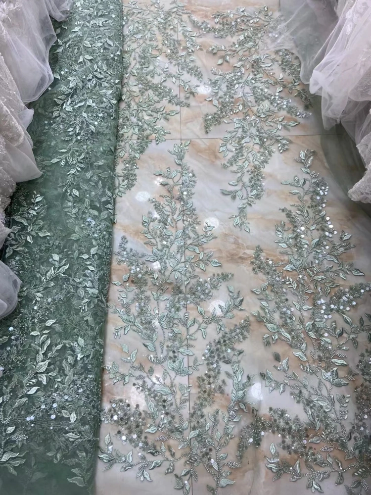 5Y French Popular Unique Design Embrordered Net Lace Beads Sequins Top Quality Fabric For Party Evening Dress