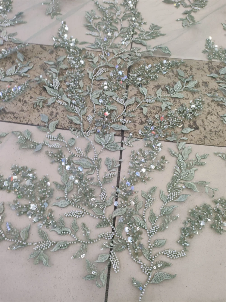 5Y French Popular Unique Design Embrordered Net Lace Beads Sequins Top Quality Fabric For Party Evening Dress