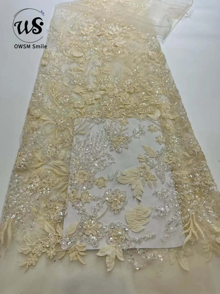 Beauty Exquisite Design Top Quality Handmade 3D Embroidery Beads Net Lace With Ivory Sequins  For Party Evening Dresses