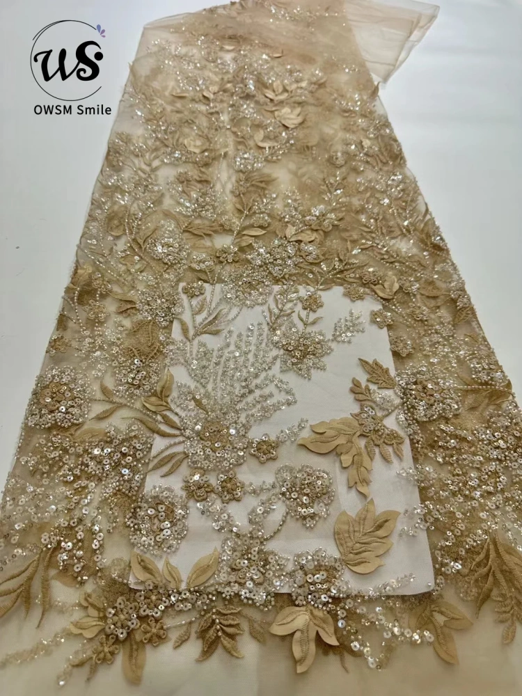 Beauty Exquisite Design Top Quality Handmade 3D Embroidery Beads Net Lace With Ivory Sequins  For Party Evening Dresses