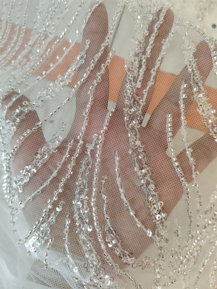 5Y Hot Sale French Popular Embrordered Net Lace With White Beaded Sequins  Fabric Lace With Sequins Party Evening Dress
