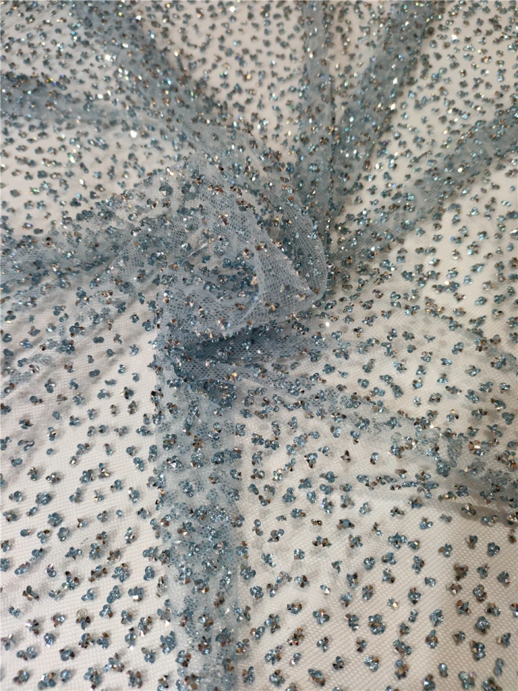 10Y New Arrival Africa Unique New Design High Quality Handmade Embroidery Net Lace With Glue Glitter For Party Evening Wome