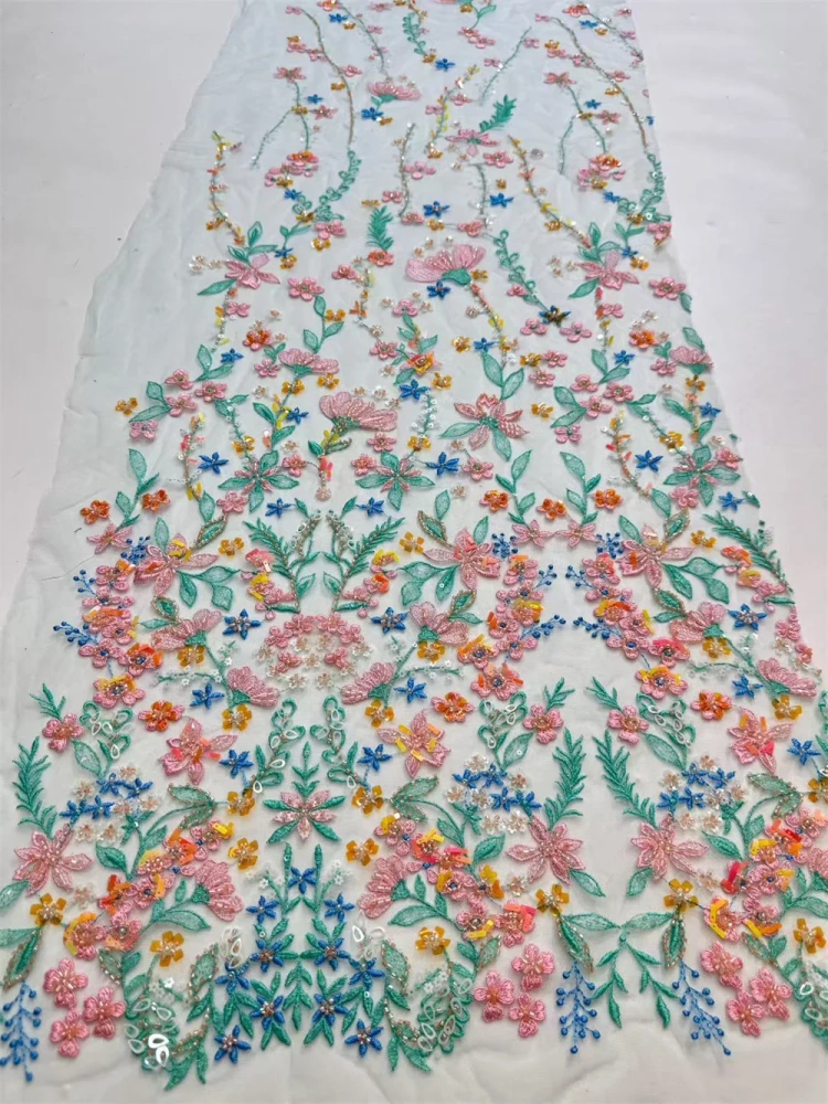 Light Luxury small flowers Design Handmade Embroidery Net Lace Exquisite Beads Sequins  High Quality Women Party Dress