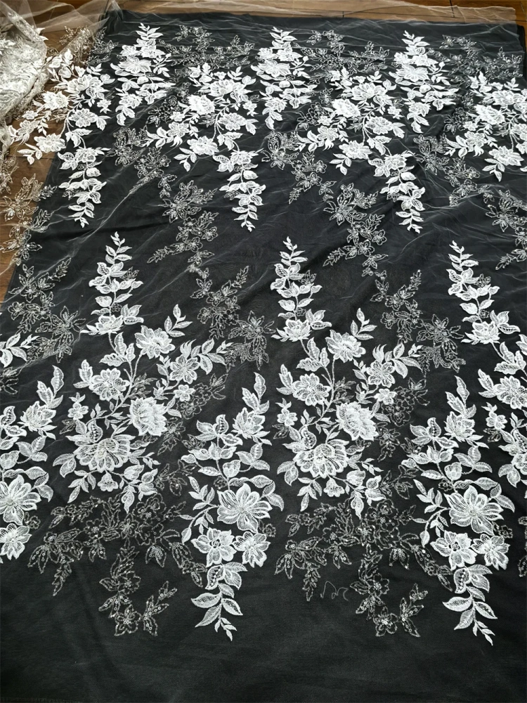 Hot Sale Unique Design Africa  Top Quality  Embroidery White Beads Net Lace Sequins   For Wedding or Party Dress