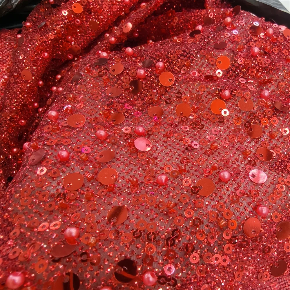 Hot Lace Fabric 2023 High Quality Lace 5 Yards Handmade Advanced Embroidery Beads Sequins For Party Evening Dresses