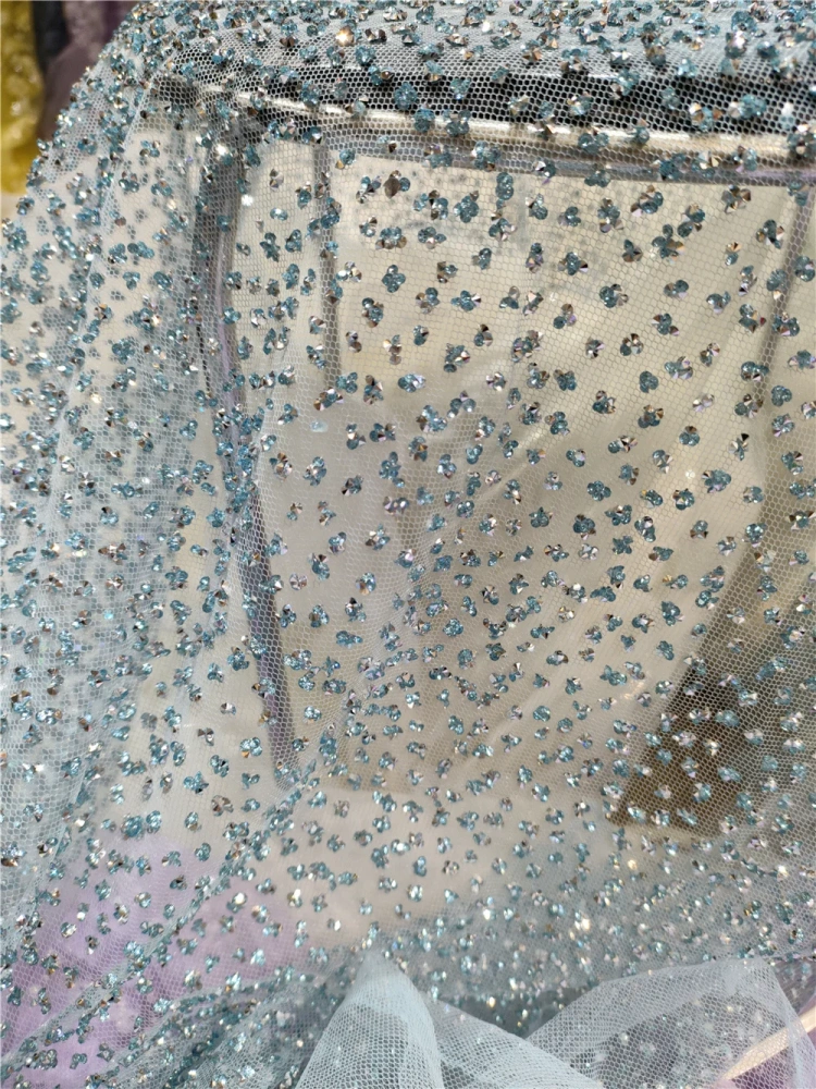 10Y New Arrival Africa Unique New Design High Quality Handmade Embroidery Net Lace With Glue Glitter For Party Evening Wome