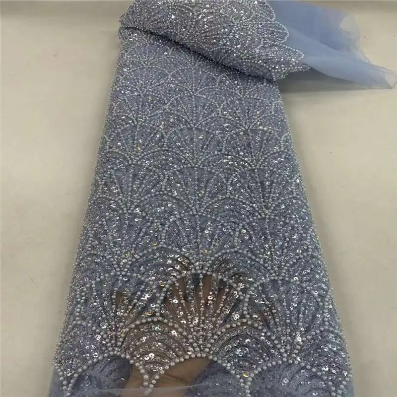 New Arrival Africa Exquisite Top Quality Handmade Ivory Beads net lace With Sequins For Party Evening  Women Dresses