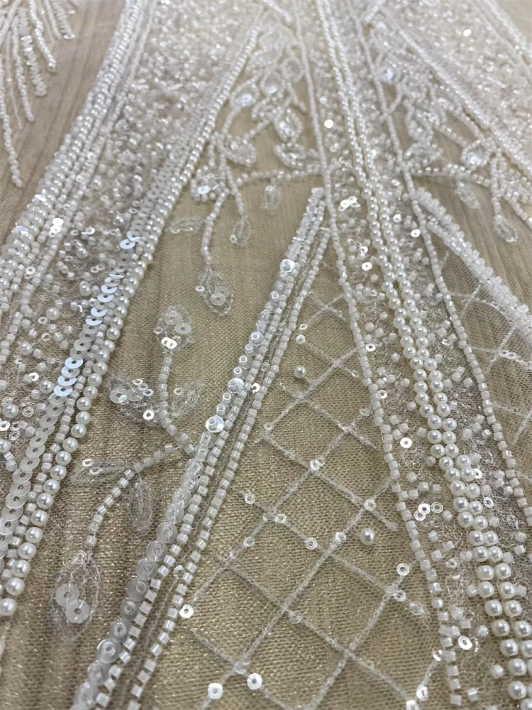 Ivory White Fashion Design Africa Top Quality Handmade Embroidery Beads Net Lace With Sequins For Party Evening Dresses
