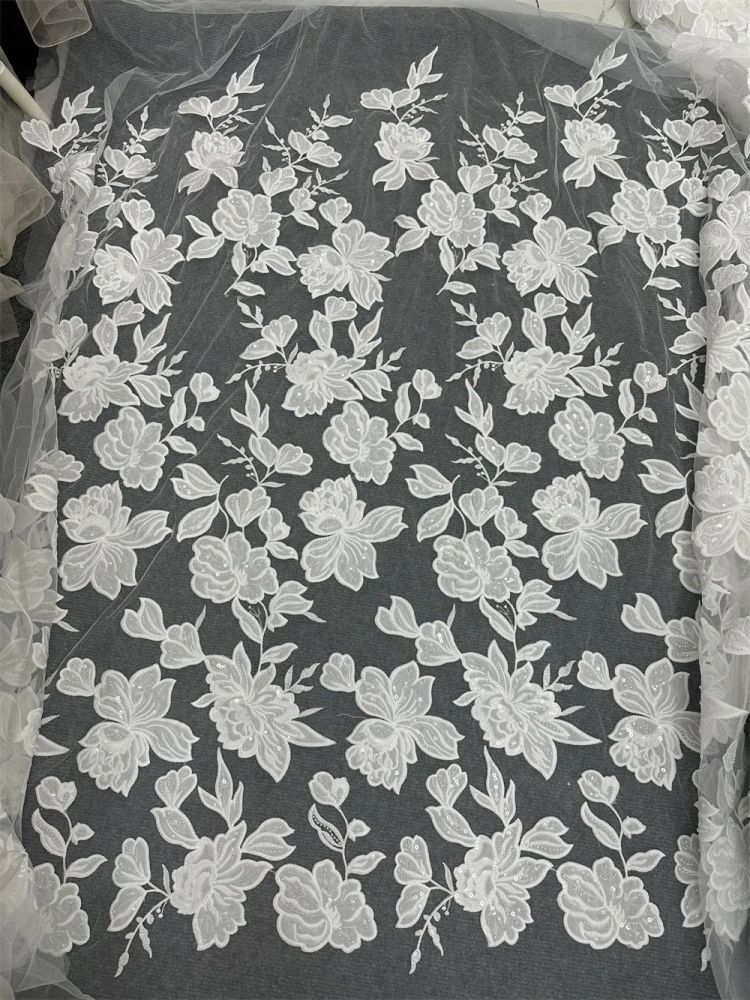 Fashion Design Hot On Sale FabricTop Quality Handmade White Embroidery Net Lace Beads Sequins For Party Evening Dresses