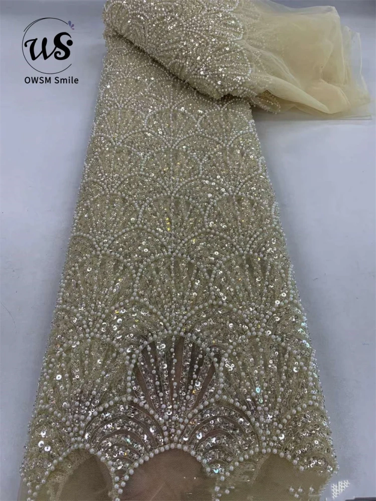 New Arrival Africa Exquisite Top Quality Handmade Ivory Beads net lace With Sequins For Party Evening  Women Dresses