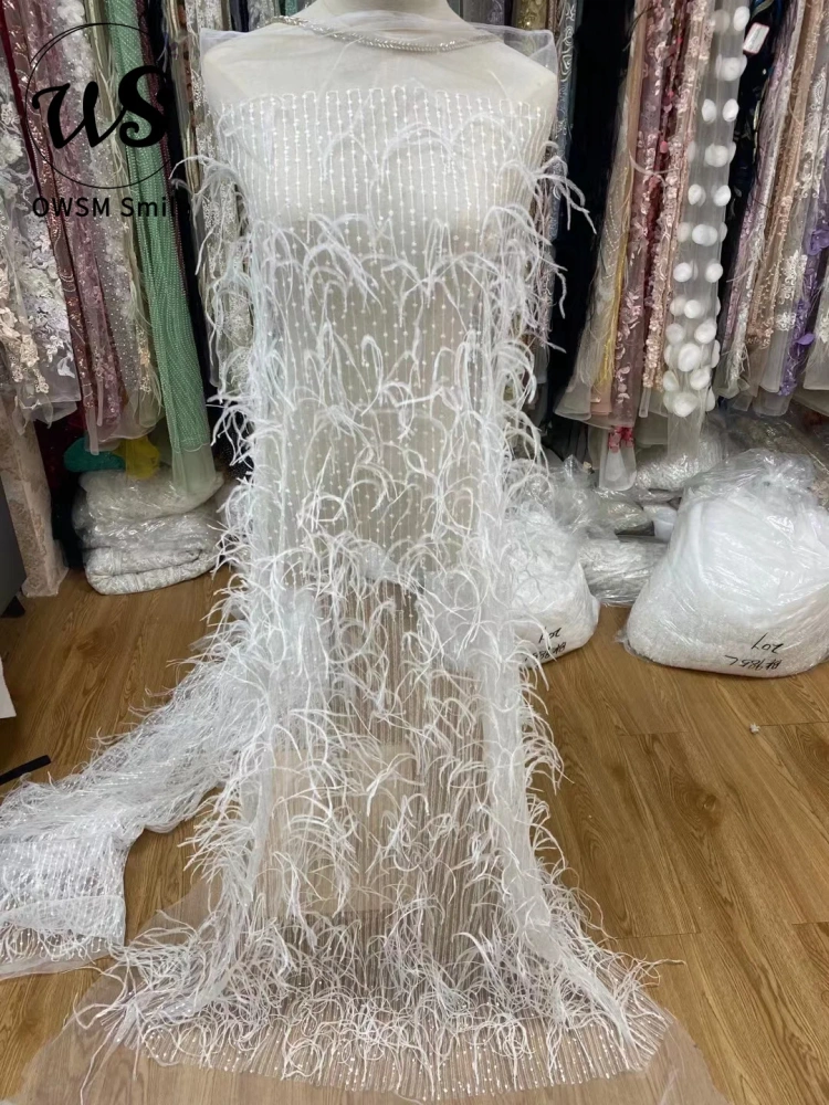 Hot Popular 2022 Top Quality Lace 5 Yards Handmade Advanced Embroidery Sequins Net Feather  For Party Evening Dresses