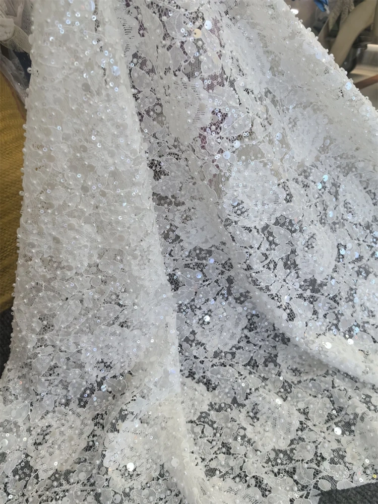 Luxury Fabric 2026 High Quality 5 Yards Handmade Exquisite Embroidery Net Lace Beads With Sequins For Party Evening Dresses