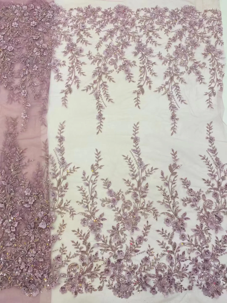 Handmade Embroidery Net Lace with Beads for Party Evening Dress, Purple Fashion, Exquisite Design