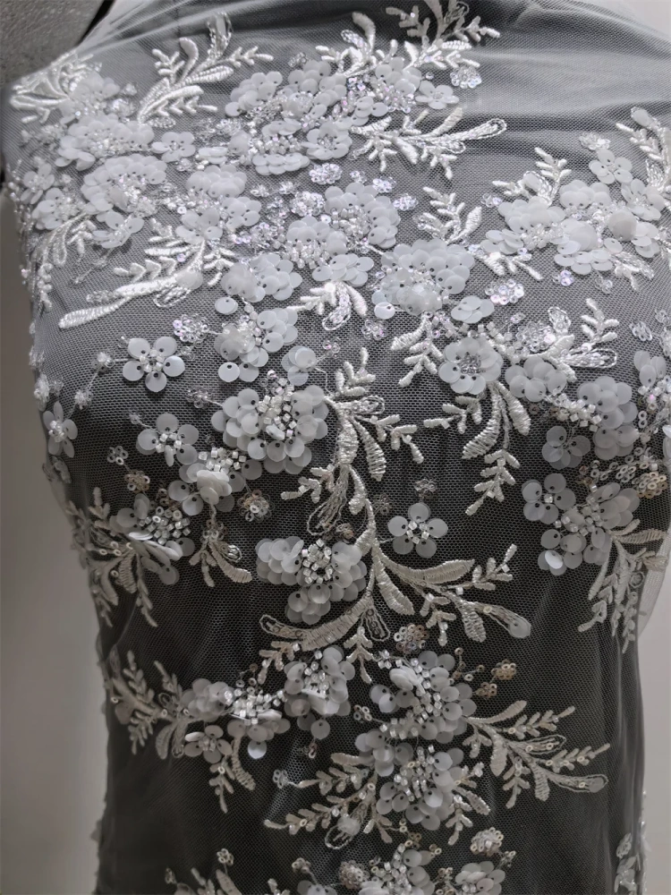4Y Nigerian Fabric for Women, Top Fashion Design, Handmade Pure White Embroidery Beads, Net Lace, Sequins, Party Evening Dress