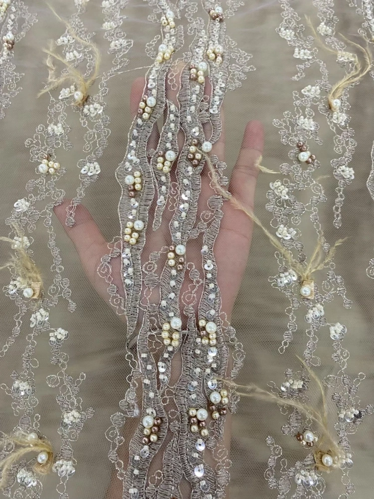 High-end Attractive Exquisite New Fashion Design Fabric Handmade Embroidery Net Lace Beads For Making Women Wedding  Dress