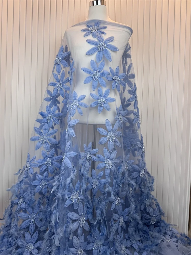Luxury Exquisite High-end Feathers New Fashion Design Fabric Handmade Embroidery Net Lace Beads For Making Women Wedding  Dress