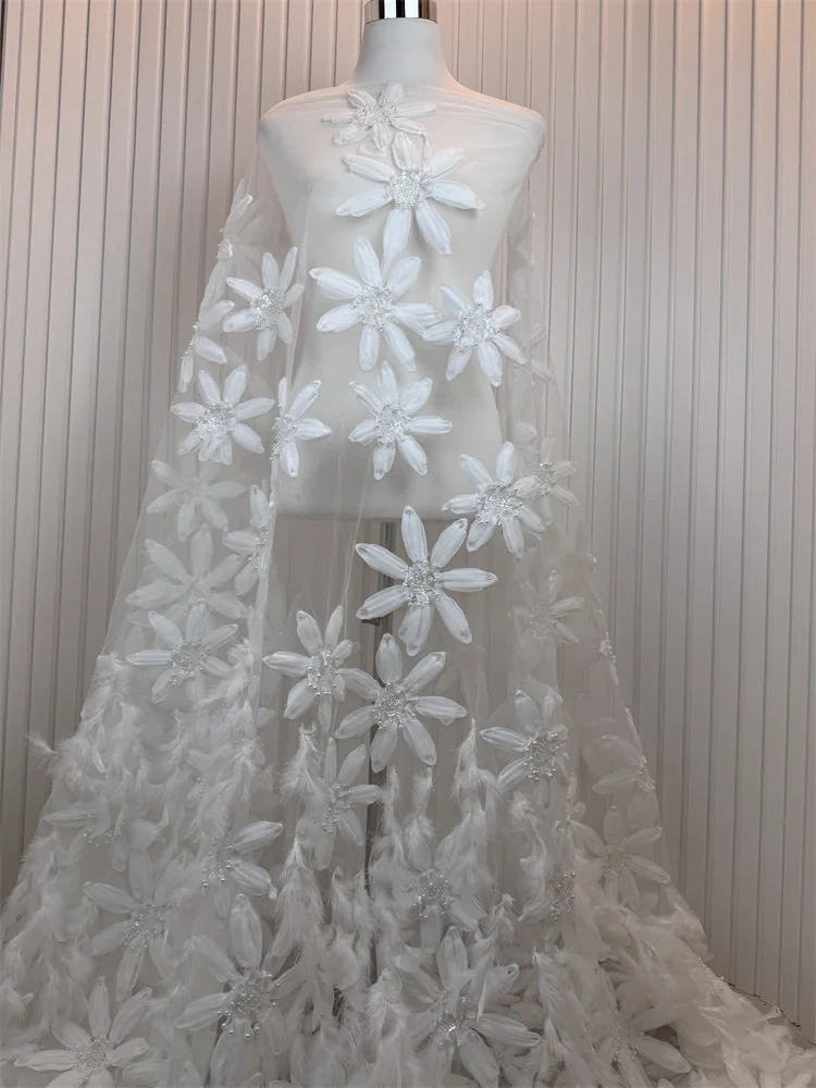 Luxury Exquisite High-end Feathers New Fashion Design Fabric Handmade Embroidery Net Lace Beads For Making Women Wedding  Dress