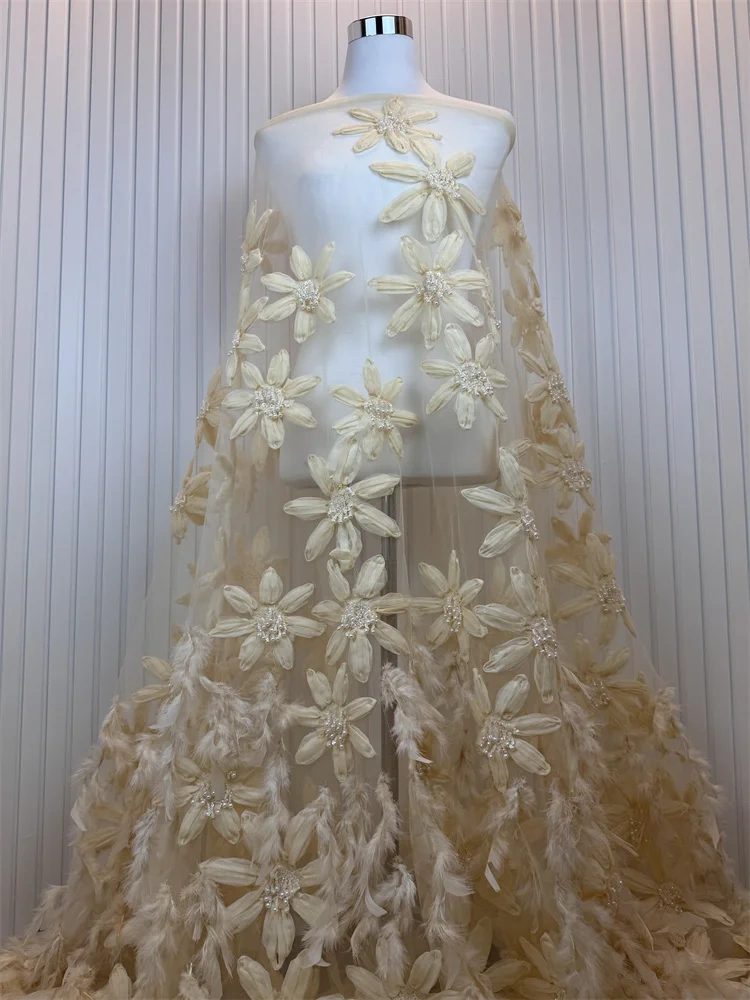 Luxury Exquisite High-end Feathers New Fashion Design Fabric Handmade Embroidery Net Lace Beads For Making Women Wedding  Dress