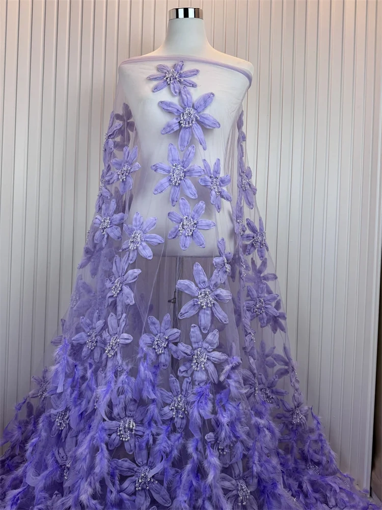 Luxury Exquisite High-end Feathers New Fashion Design Fabric Handmade Embroidery Net Lace Beads For Making Women Wedding  Dress